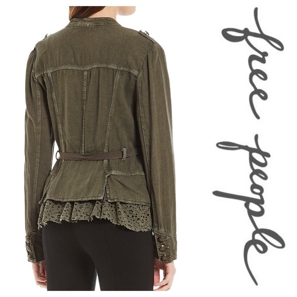 Free People Emilia Lace-Trim Tie-Waist Jacket Moss - Picture 2 of 6